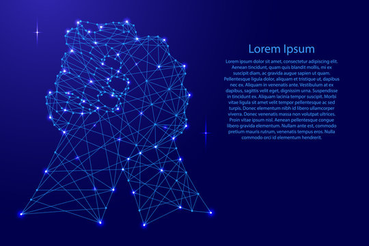 Abstract depiction of a fraternal handshake or arm wrestling of two hands from futuristic polygonal blue lines and glowing stars for banner, poster, greeting card. Vector illustration.