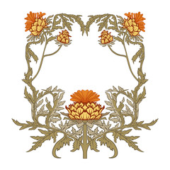 Frame in art nouveau style with thistle. In vintage blue color.
