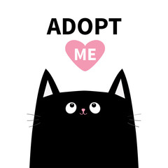 Adopt me. Dont buy. Black cat face head silhouette. Pink heart. Pet adoption. Kawaii animal. Cute cartoon kitty character. Funny baby kitten. Help homeless animal Flat design. White background