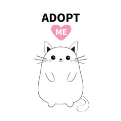 Adopt me. Dont buy. White contour cat silhouette. Red heart. Pet adoption. Kawaii animal. Cute cartoon kitty character. Funny baby kitten. Help homeless animal Flat design. White background .