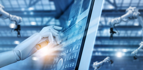 Hand of robot working on control panel in intelligent factory checking and controlling automation...