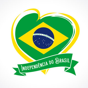 Love Brazil flag emblem with portuguese text Independencia do Brasil on ribbon. Translate: Independence day of Brazil, vector background with heart in national flag colors