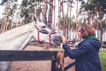 Beautiful young woman stroking the nose of a gray horse, love and care for animals