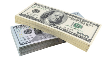 Stack of one hundred dollar bills isolated on white background. Stack of cash money in hundred dollar banknotes. Heap of hundred dollar bills background. Concept of financial success.