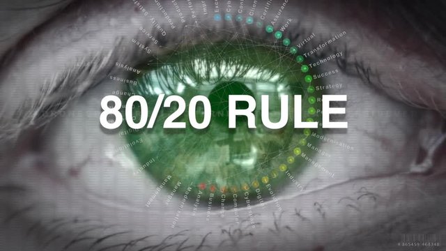 Close up of an eye focusing on  80 / 20 Rule concept on a futuristic screen.