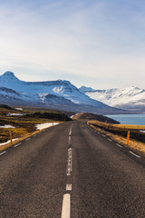 Vintage style Iceland road trip landscape in winter travel concept