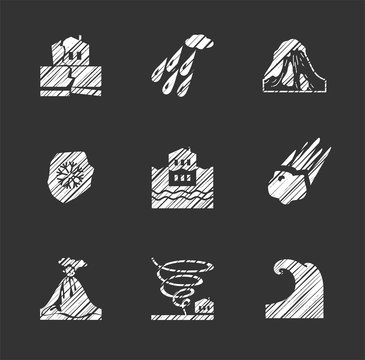 Weather, natural disasters, flat icons, hatching, vector. Images of various natural disasters. Vector clip art. Flat icons. Simulated pencil shading. White figures on a gray background. 