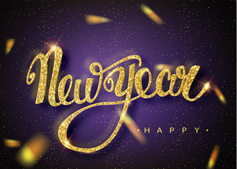 Happy New Year lettering greeting card for holiday. Gold confetti falls. Calligraphy lettering New Year. Ultraviolet Design of greeting card of Falling Shiny Confetti. Vector Illustration 10 EPS.