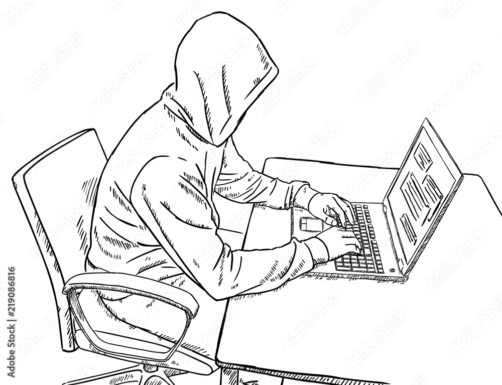Poster sketch style doodle of hacker sitting in front of his desk and working on his laptop