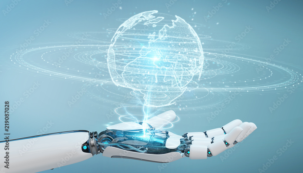 Aufkleber white humanoid hand using globe network hologram with europe map 3d rendering