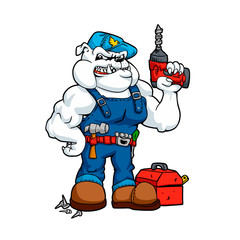  Bulldog Handyman with drill in hand and tools. Cartoon character funny.