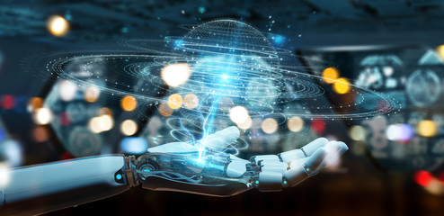 White robot hand using digital sphere connection hologram 3D rendering