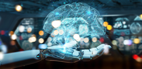 White humanoid hanid creating artificial intelligence 3D rendering