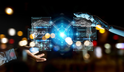 White robot hand using robotics arms with digital screen 3D rendering