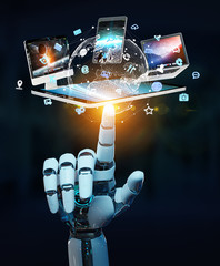 White cyborg hand connecting devices together 3D rendering