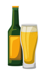 glass with beverage and bottle vector illustration design