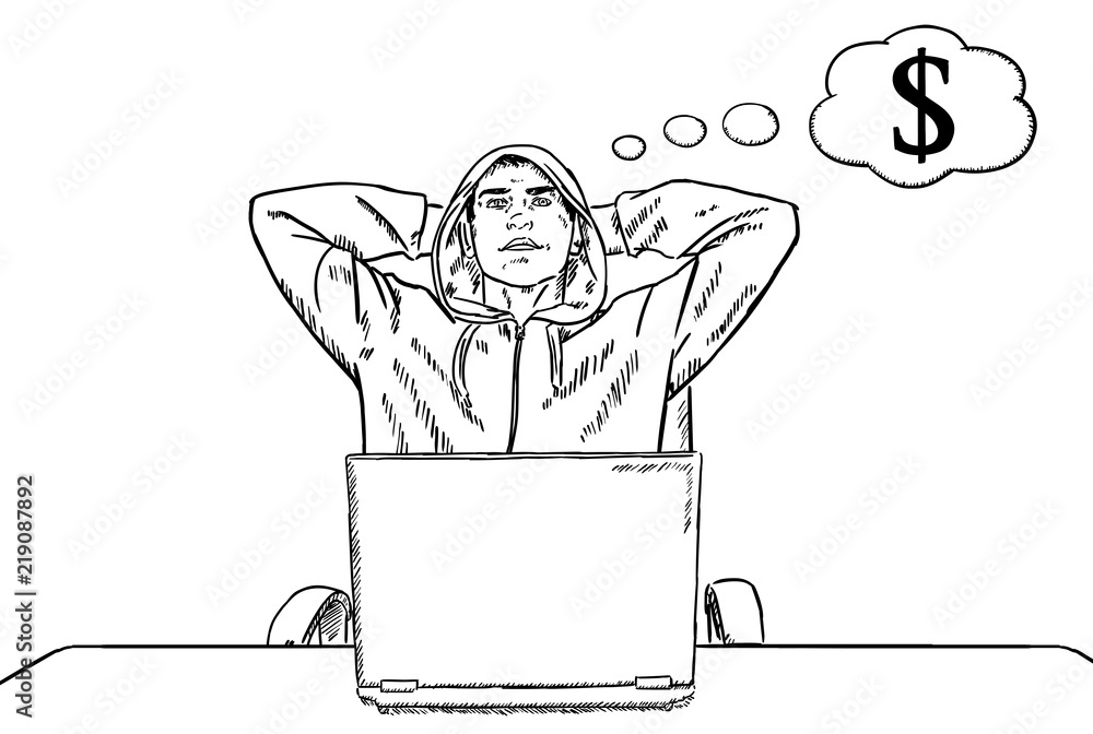 Poster sketch style doodle of hacker relaxing and thinking about the many that he will stole