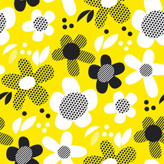 Yellow and black textures flowers seamless pattern.