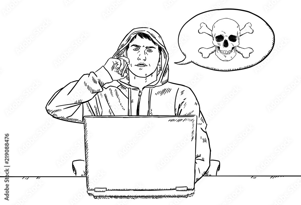 Poster sketch style doodle of hacker talking on mobile phone in front of his laptop