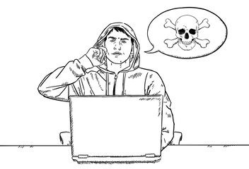 sketch style doodle of hacker talking on mobile phone in front of his laptop