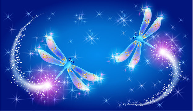 Flying dragonfly with sparkle and blazing trail