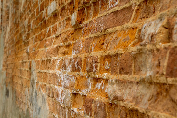 Ancient wall of Red Clay Brick Masonry Perspective during the restoration. Restoration of the brick wall of the 1600s. Quality old brick masonry, shot at an angle with blur and perspective.