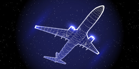 Abstract airliner constructed with  dots. Outline wireframe glowing concept. Aircraft flying in starry sky. Travel, tourism, transport. Airplane vector illustration.