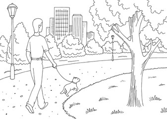 Park graphic black white landscape sketch illustration vector. Man is walking with a dog