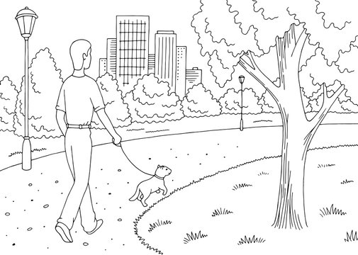 Park graphic black white landscape sketch illustration vector. Man is walking with a dog