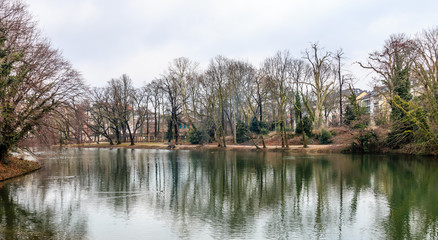 Park with lake in winter