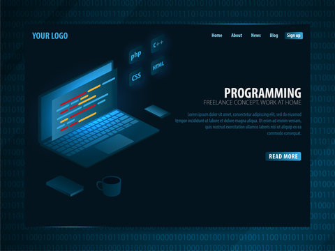 Isometric Developing programming and coding technologies. Can use for web banner or infographics. Freelance concept. Work at home.