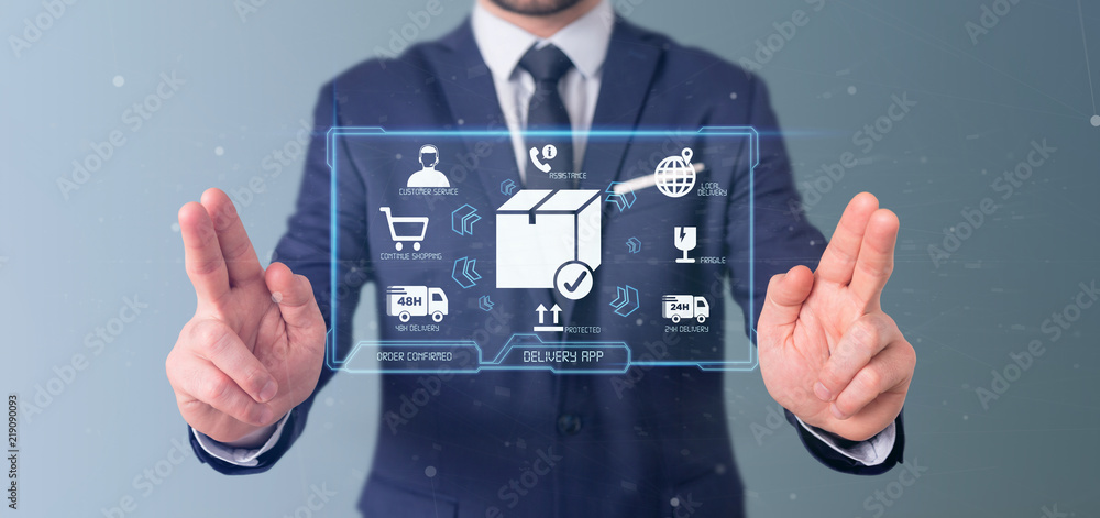 Poster businessman holding a logistic delivery application screen 3d rendering