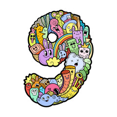 Hand drawn doodled kids numbers. Cute monstred numbers, math symbols.