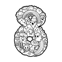 Hand drawn doodled kids numbers. Cute monstred numbers, math symbols.