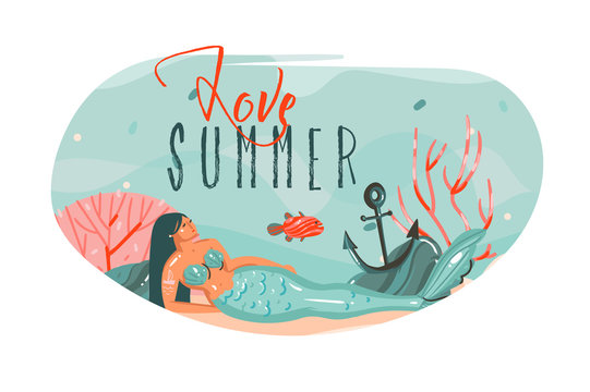 Hand drawn vector abstract cartoon summer time graphic underwater illustrations art template background with ocean bottom,beauty mermaid girl and love Summer text isolated on white