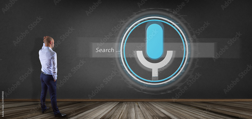 Poster businessman in front of a vocal search system with button and icon3d rendering