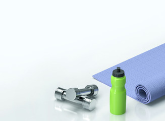 Dumbbells, fitness mat and a bottle of water