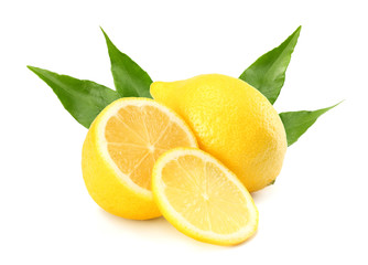 Naklejka na ściany i meble healthy food. lemon with slices and green leaf isolated on white background