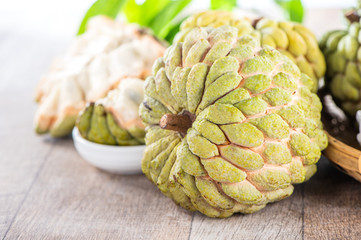 fresh sugar apple fruit(Custard Apple),sweetsop on wooden table background