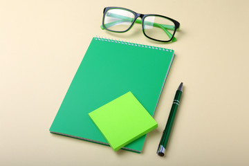 Business accessories on desktop: notebook, diary, fountain pen, glasses. Macro with blur and soft focus.