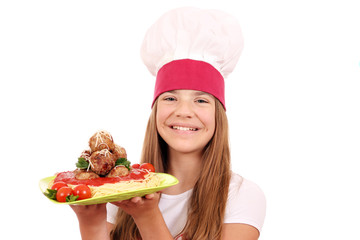 happy girl cook with spaghetti and meatballs