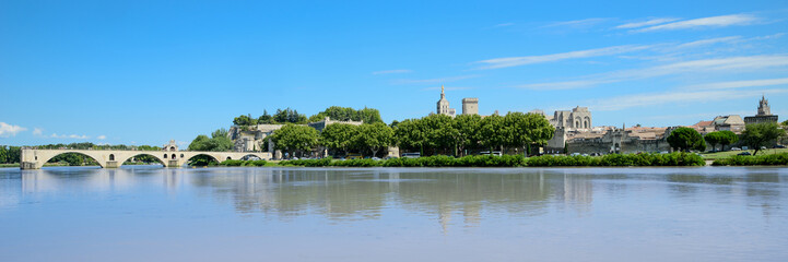 beautiful panoramic scenic skyline landscape of famous landmark Avignon bridge on Rhone river southern France 