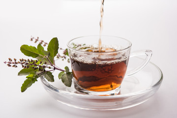 pouring Holy Basil or Tulsi Tea in transparent glass cup with saucer over white or black background. Popular Ayurvedic medicine from India