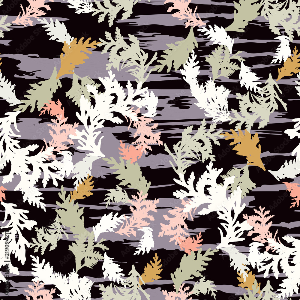 Poster botanical vector seamless pattern with thuja branches and twigs and abstrac brush stokes background.