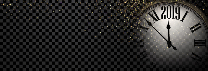 Black shiny 2019 New Year banner with clock.