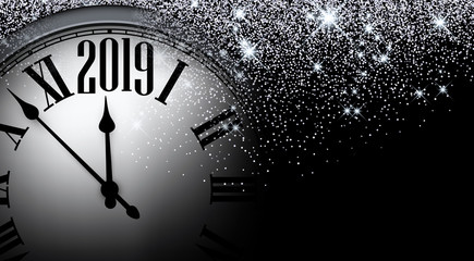 Obraz na płótnie Canvas Silver shiny 2019 New Year background with clock. Greeting card.