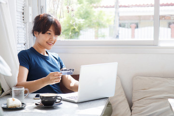 Asian young woman holding credit card and using laptop computer. Online shopping concept. Copy space.