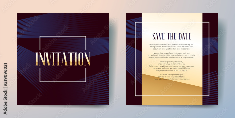 Poster square elegant invitation card with golden graphic elements and text on light background.