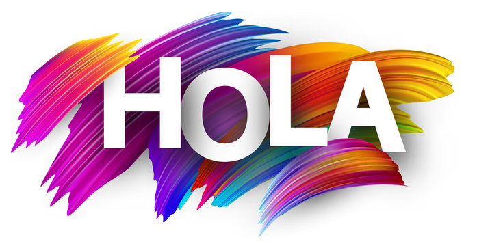 Hola card with colorful brush strokes.