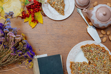 Victorian pie with nuts and seeds. Autumn mood.